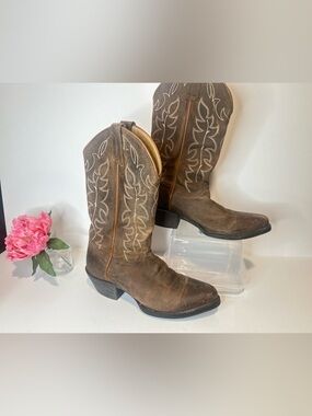 Shyanne Mid Calf Leather Brown Western Cowboy Boots with Tan Stitch Detail 8.5